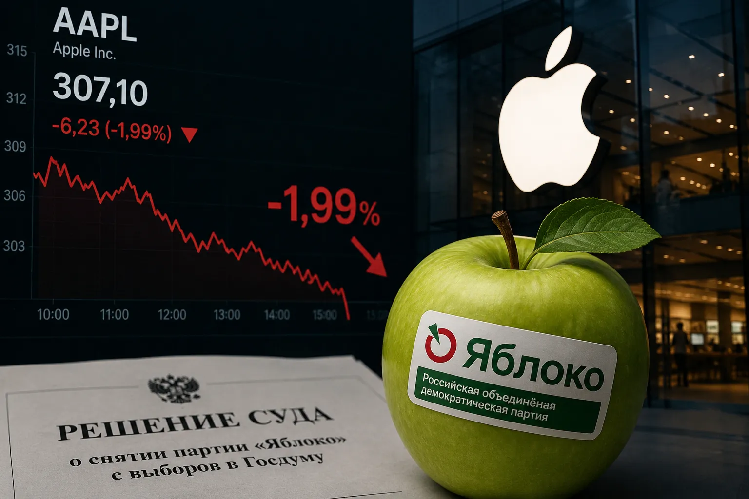 Обложка материала «Apple потеряла около 2% в день решения суда по «Яблоку». Совпадение оказалось почти идеальным»